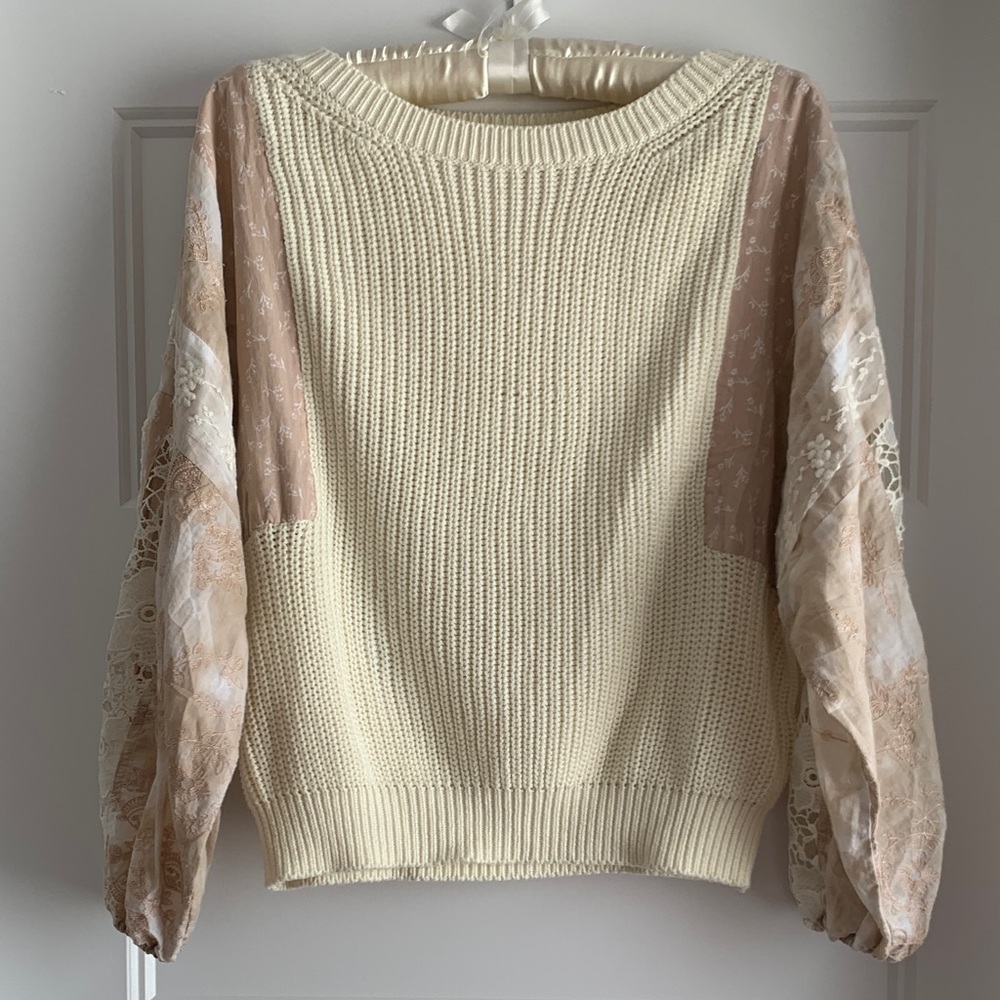 Pilcro Cream Sweater with Lace Sleeves